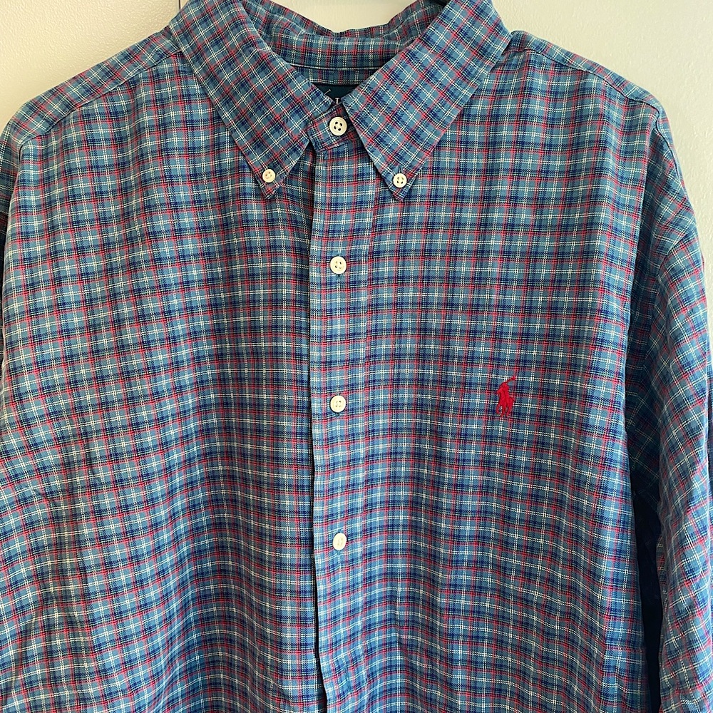 Ralph Lauren Men’s Blue and Red Classic Fit Tartan Button Down Shirt